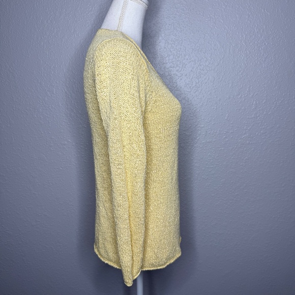 Eileen Fisher Yellow Open Knit Linen Blend V Neck Pullover Sweater - Picture 3 of 8